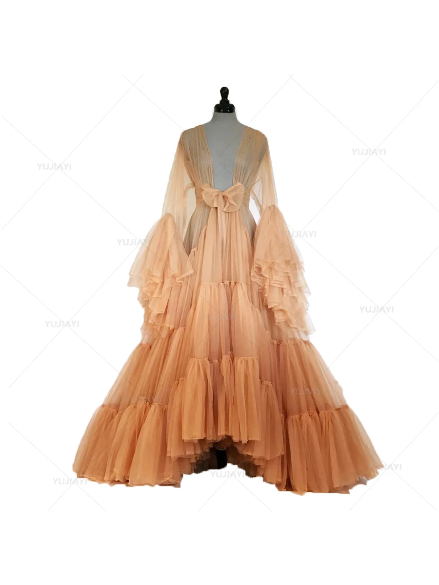 Puffy Tulle Robe Perspective Sheer Long Bridal Sleepwear Dressing Gowns Fluffy Maternity Dress Photoshoot Evening Party Gowns