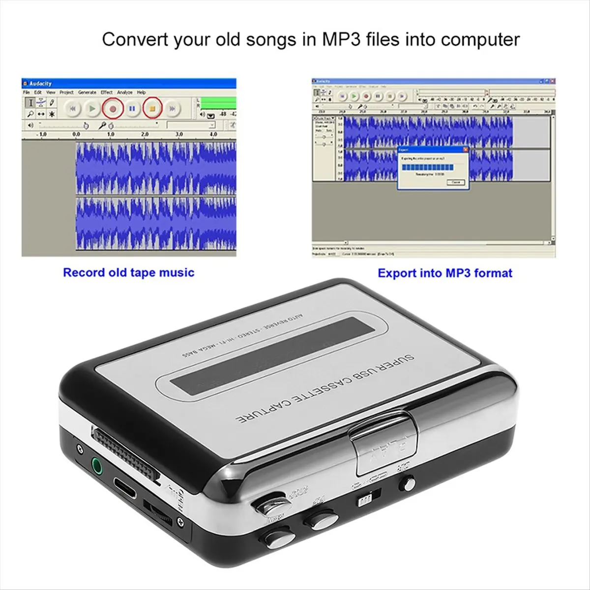 

(A15I) USB-конвертер кассет в MP3, аудиоплеер с наушниками