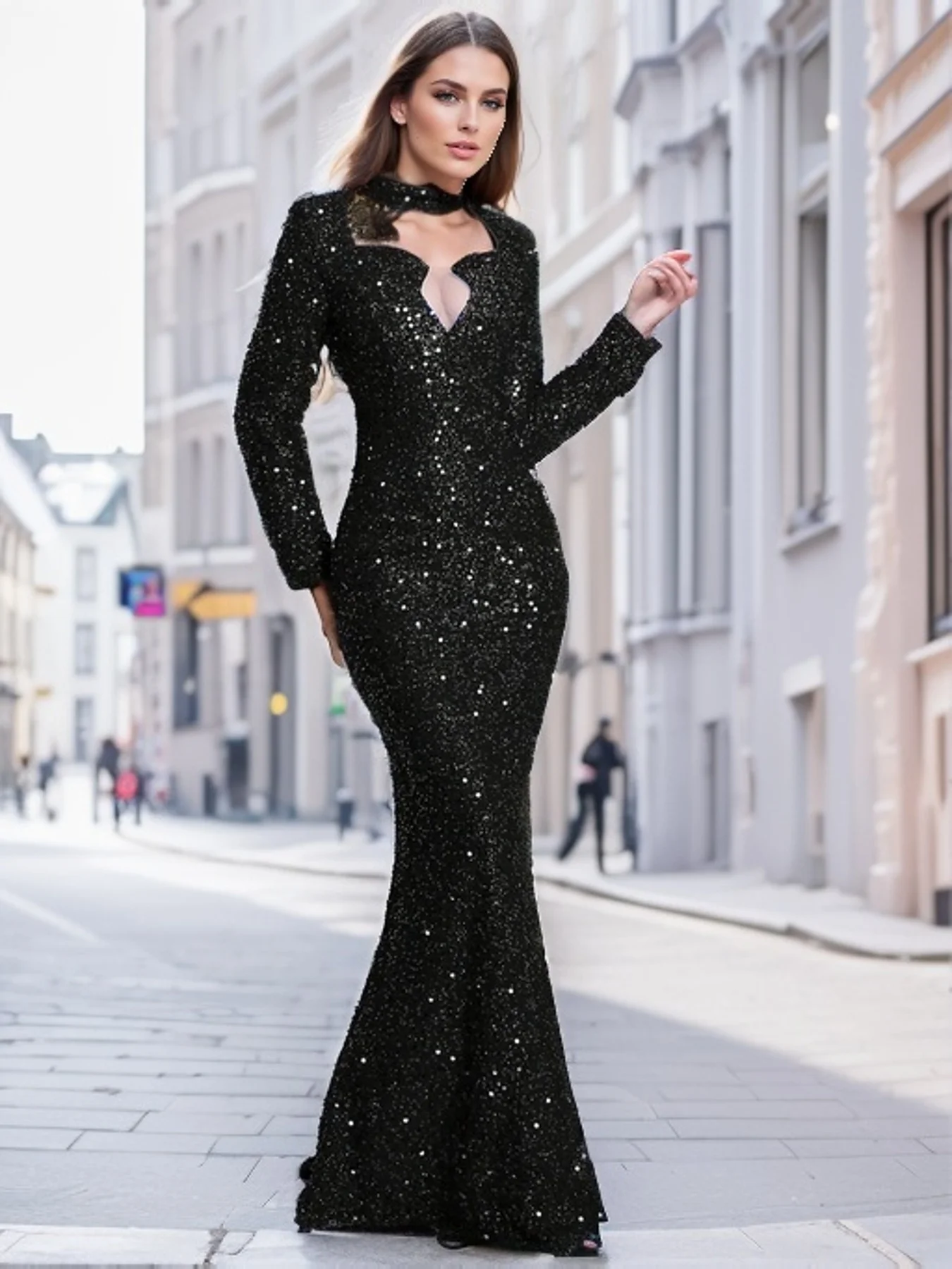 Romagic Blue Sequin Elegant Evening Party Dress O Neck Long Sleeves Wedding Party Gown 2024 Winter