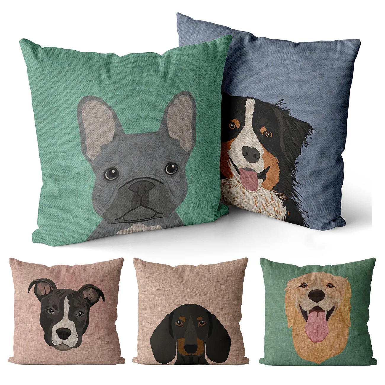 Square Linen Pillow Covers, Animal, Cute Dog, Sausage Dog, Bull Terrier, Pillowcases 45x45, 40x40, Home Decor