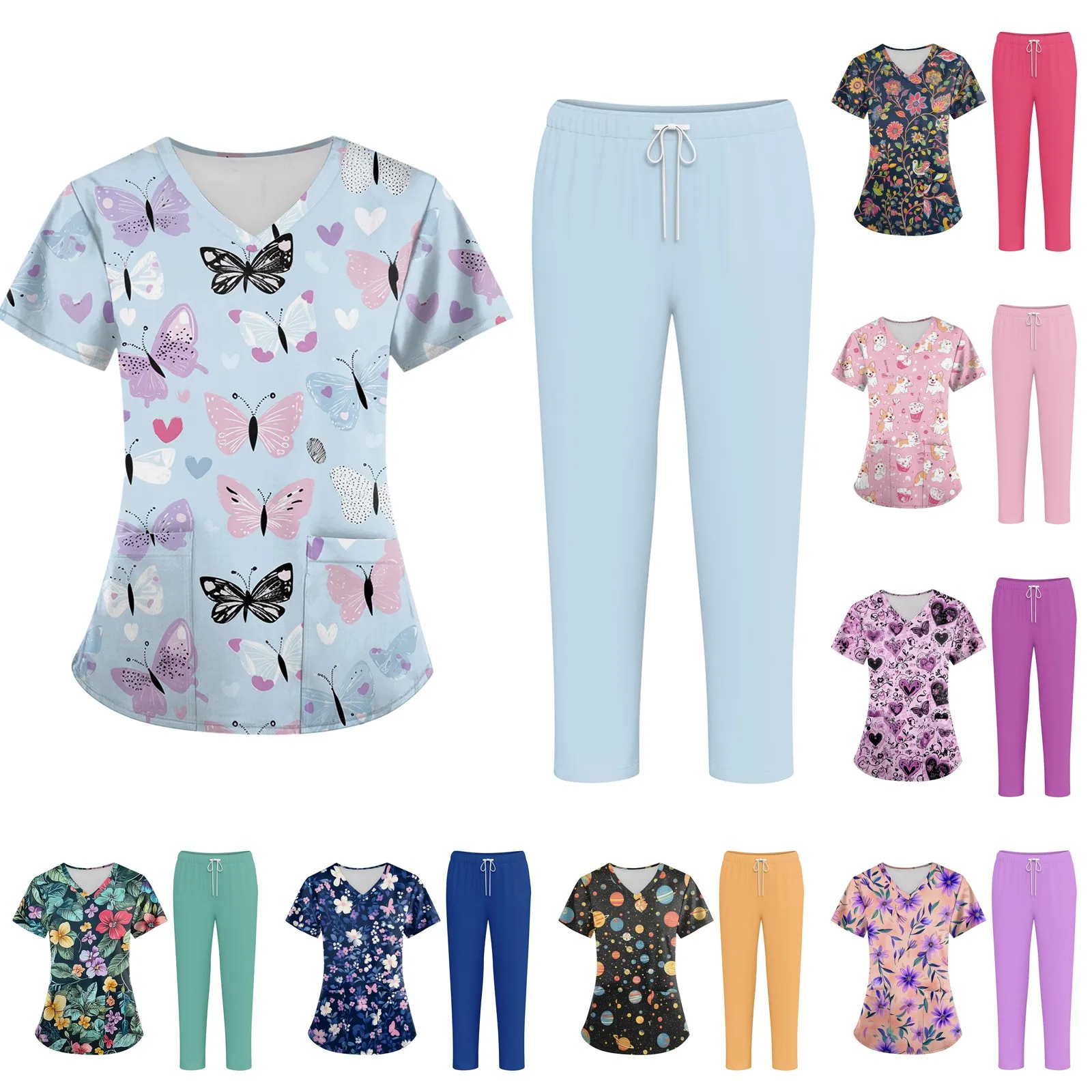 Damski strój pielęgniarski, krótki rękaw, zwierzęcy kwiatowy wzór, kieszeń, top i spodnie, odzież robocza, dwuczęściowy strój pielęgniarski.