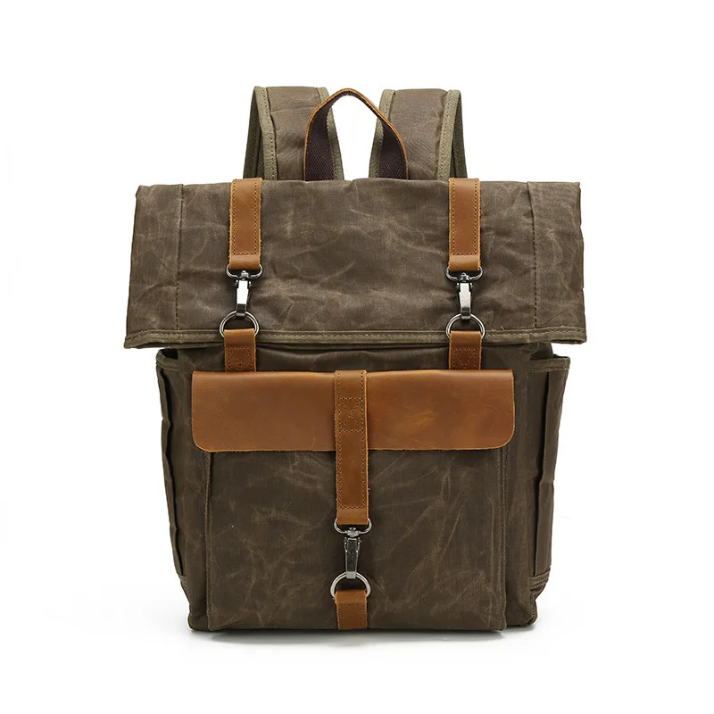 Wild Horse Leather Waterproof Oil Wax Canvas Bag Outdoor Leisure Travel Computer Bag - College Bag - Retro Compact Backpack