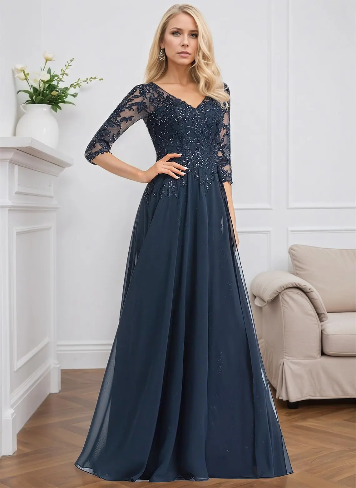 

Sequin Lace Mother of The Bride Dresses for Women 3/4 Sleeves Mother of The Groom Dresses Chiffon Formal Dress