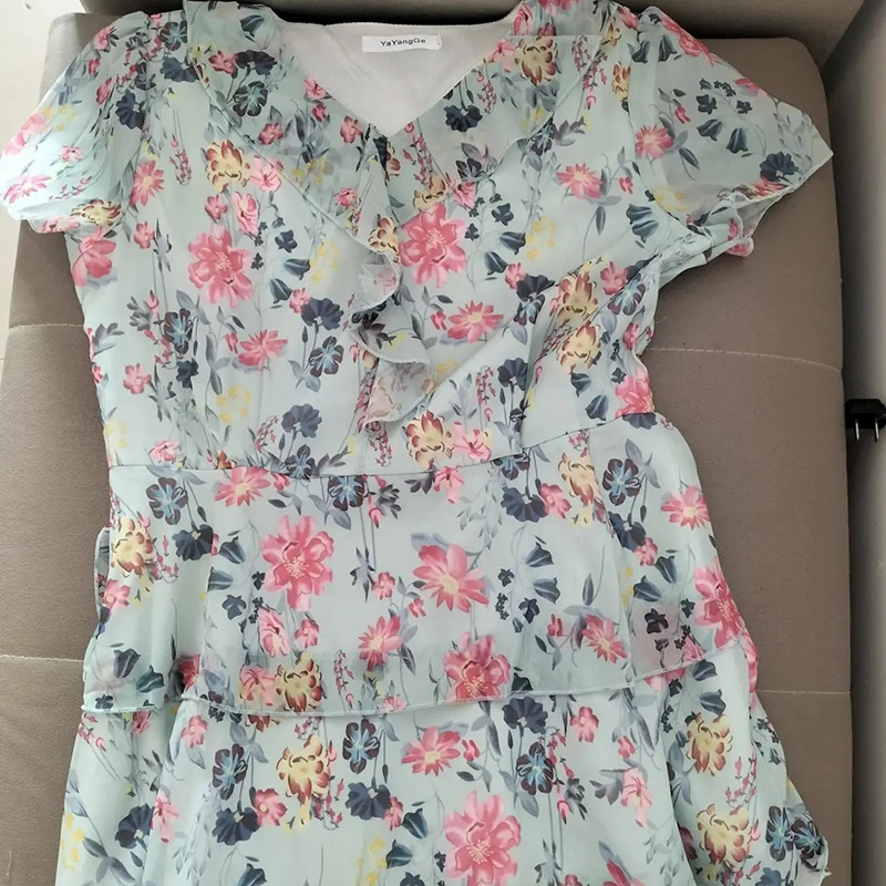 Robe mi-longue style bohème pour femmes, coupe trapèze, motif floral, col en v, élégante, coréenne, décontractée, nouvelle collection été