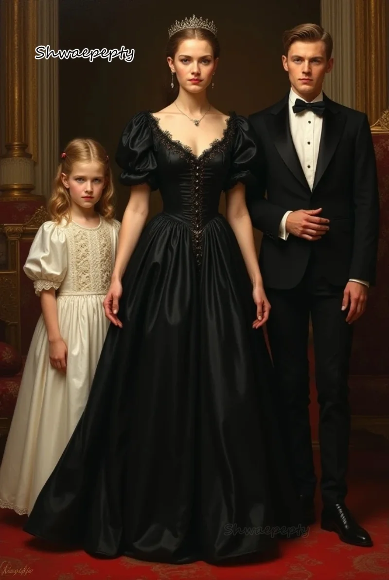 

Classic Black Wedding Dress Puff Short Sleeve V-Neck Satin A-Line Long Gothic Bridal Gowns Customized