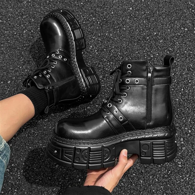 Couple Dark Motorcycle Boots Heavy Metal Platform Ankle Boots Men Women Punk Leisure Leather Shoes Knight Boots Botas Para Mujer