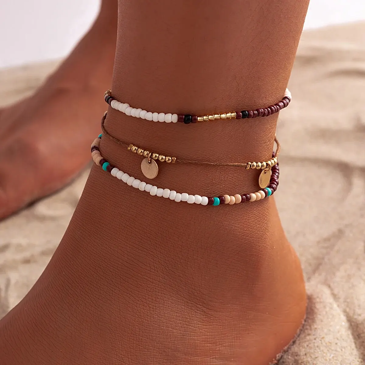 3Pcs/Set Bohemian Rice Beads Anklets for Women Vintage Trend Round Sequin Feet Chain Summer Beach Barefoot Jewelry Accessories