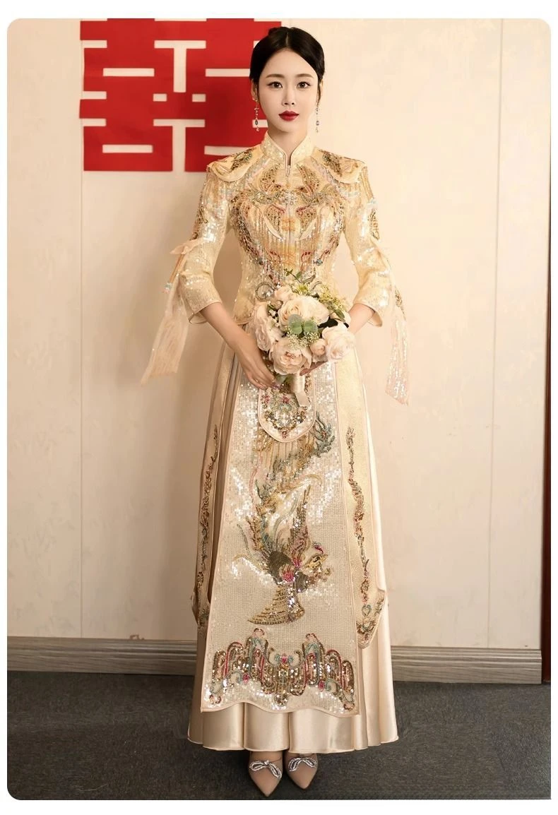 Robe de mariée chinoise Jin Xiuhe, champagne, pour patients