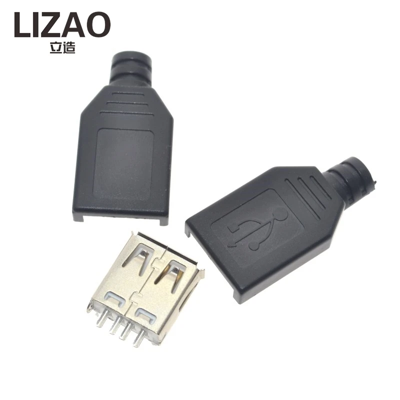 LIZAO 10PCS Type A Female USB Connector, 4 Pin USB Socket Plug with Black Plastic Cover for DIY Repair