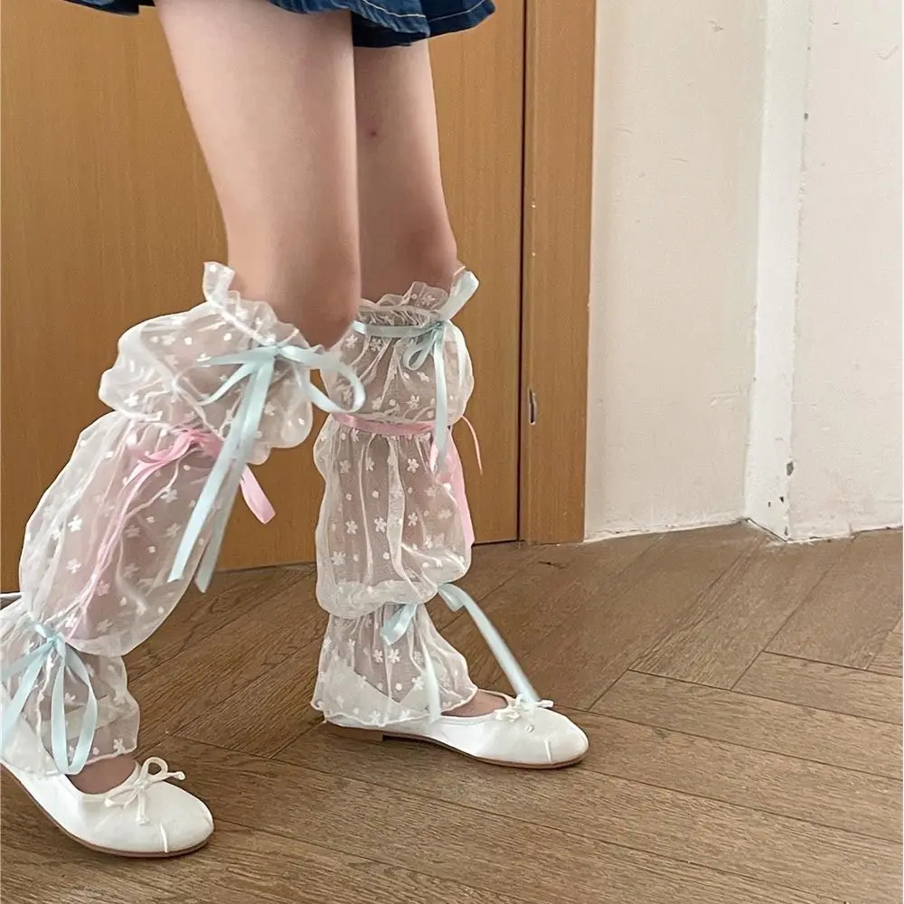 Color caramelo dulce encaje lindo Lolita medias Retro volantes cubiertas de piernas calcetines Kawaii cinta arco Balletcore calentadores de piernas