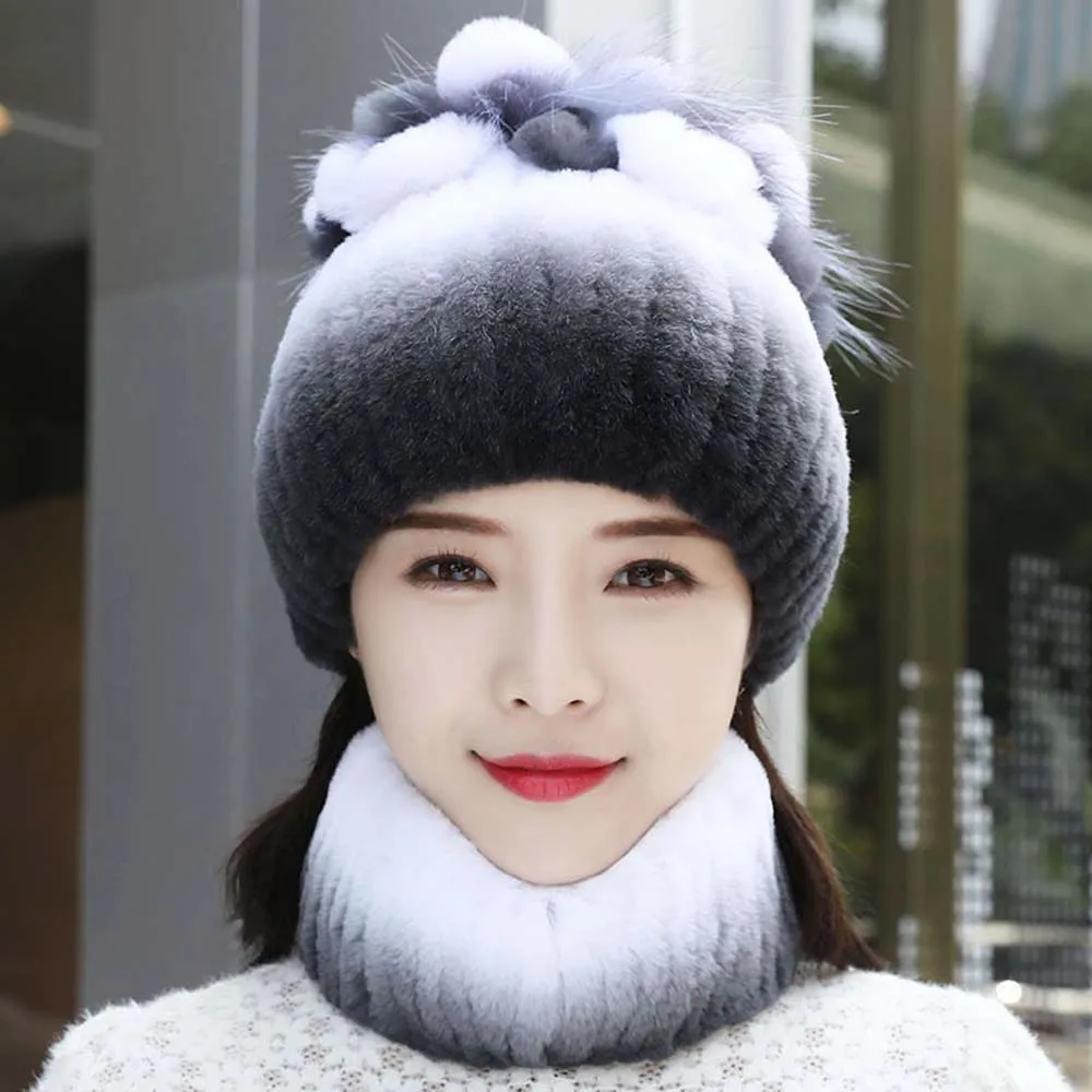 2025 100% حقيقية ريكس الأرنب الفراء القبعات طقم أربطة عنق سيدة الدافئة محبوك الشتاء الفراء الحقيقي قبعة الدافئة ريكس الأرنب 2 قطعة قبعات الفراء وشاح #4