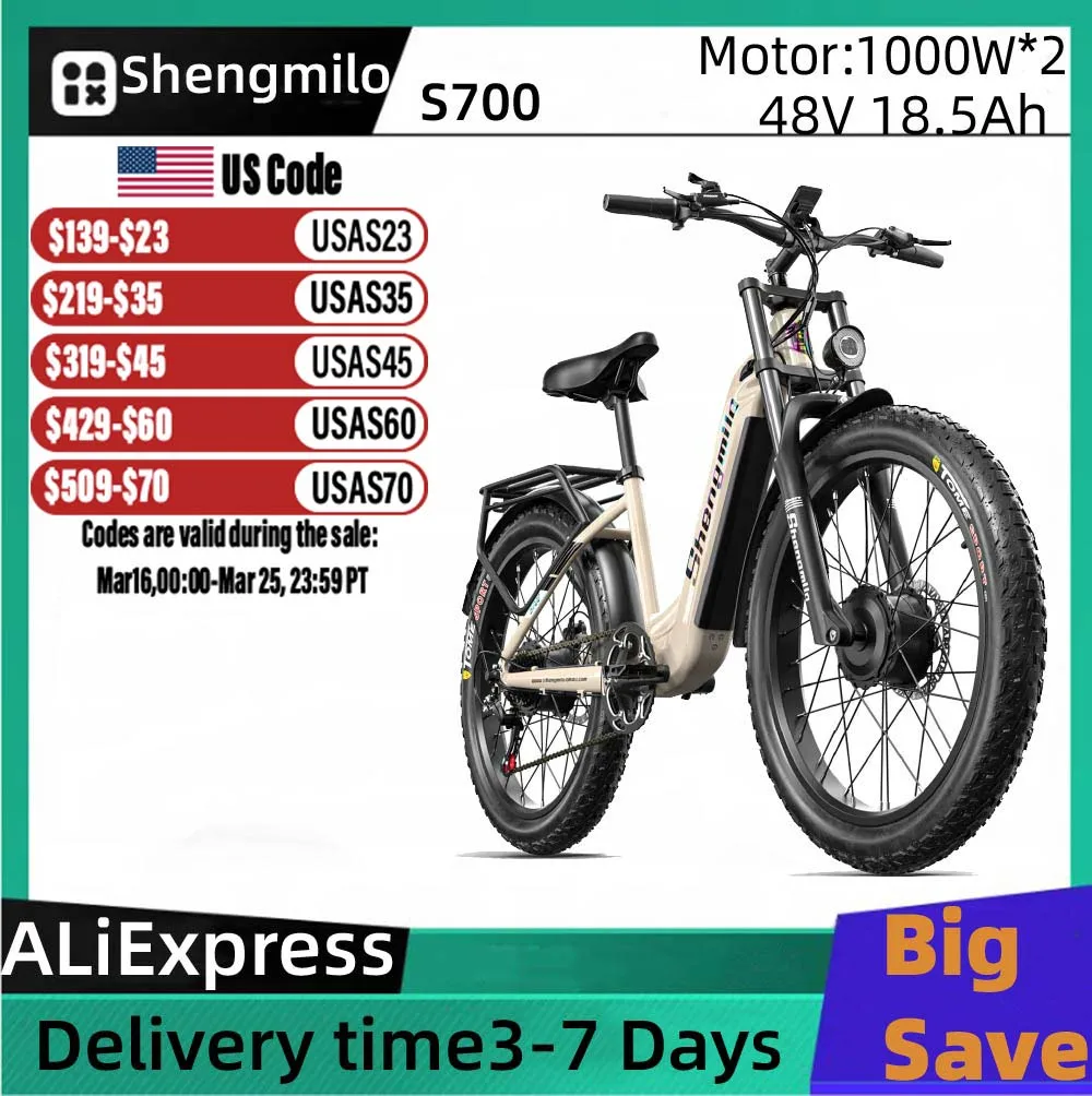 

Shengmilo S700 Adult E-bike 1000W*2 Men's E-Mountain ebike with Two Motor, 48V18.5AH Battery Electric,26" Fat Tire Electric Bike