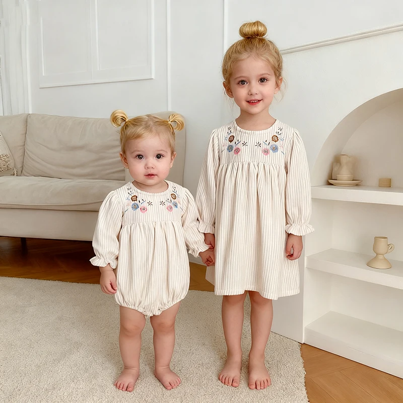 Herbst Schwester Kleidung Mädchen Party Kleid Lange Ärmeln Baumwolle Stickerei Blume Baby Mädchen Strampler Kind Prinzessin Kleider Schwester Kleid