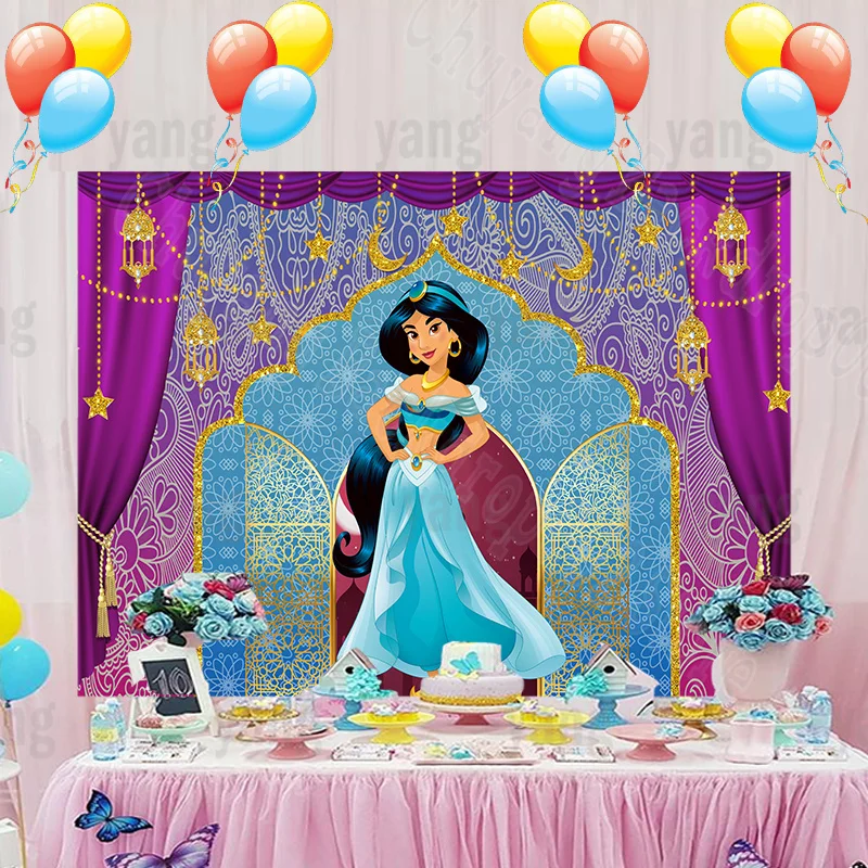 Disney Cartoon Aladdin Princess Jasmine Custom Backdrop Birthday Party Decoration Colorful Lace Streamer Photography Background