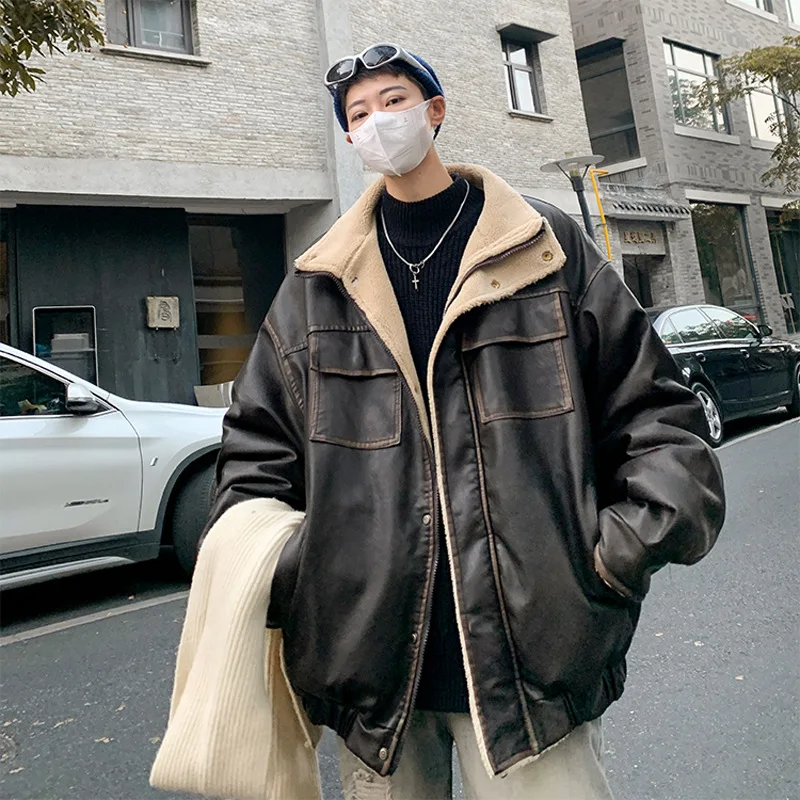 

Fur integrated cotton jacket men's bomber jacket winter American retro lamb velvet thickened velvet motorcycle cotton jacket