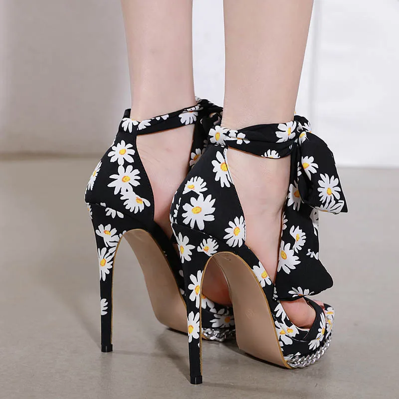 Alionly 2023 New Women Shoes Chrysanthemum Metal Chain Decoration 14CM Ultra High Heel Sandals for Women