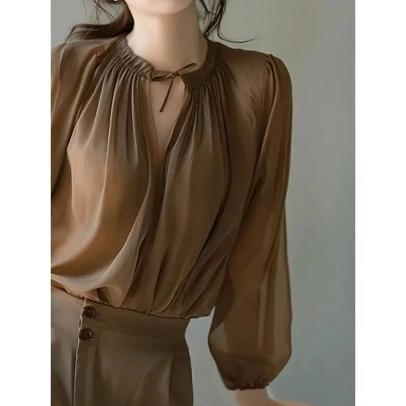 Elegancka bluzka damska z bufiastymi rękawami i wiązanym dekoltem, luźny krój, styl z dekoltem w kształcie litery V, idealna na wiosnę i jesień.