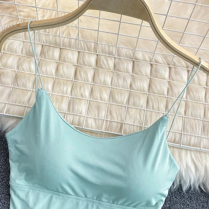 Sexy Bra Ice Silk Crop Tops Sports Spaghetti Strap Vest Top Women Sexy Built in Bra Shoulder Sleeveless Camisole Underwear