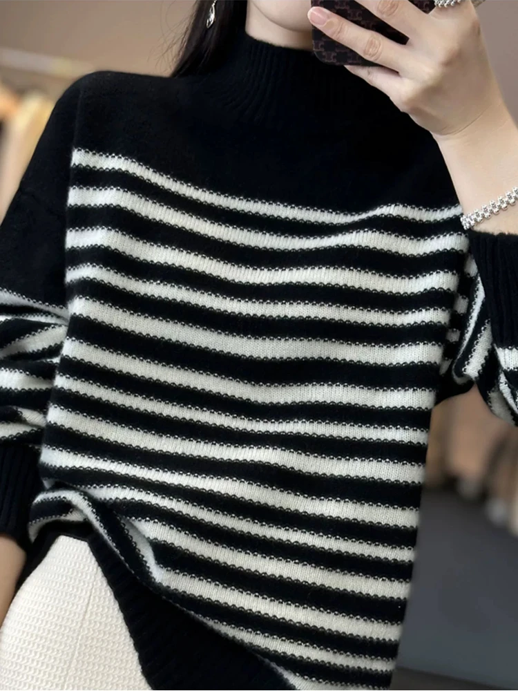 ADDONEE Women Striped Sweater Mock Neck Pullover Autumn Winter Casual Loose Cashmere Knit 100% Merino Wool Knitwear Korean Tops