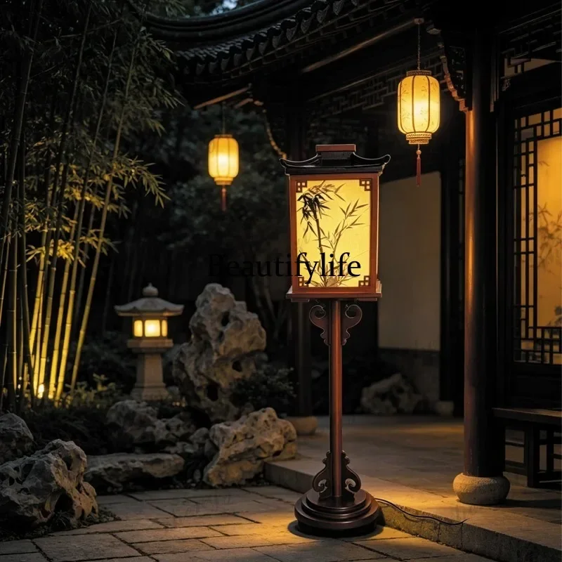HR Chinese floor lamp solid wood courtyard, lawn, city that never sleeps, table lamp outdoor garden lamp new