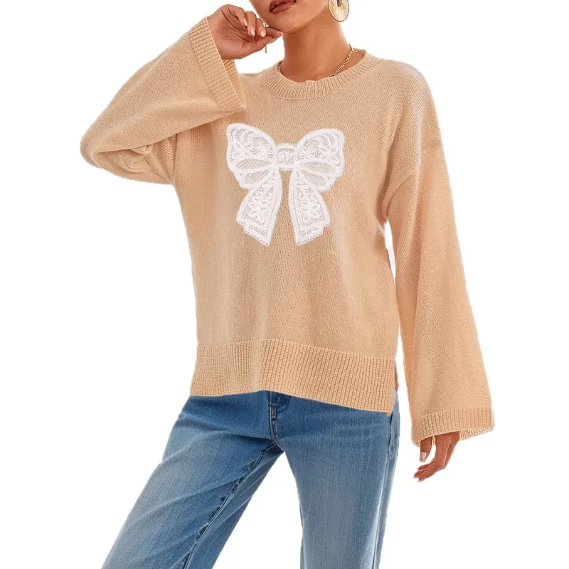 

Three-dimensional Lace Bow Spliced autumn and Winter Loose Comfortable Casual Solid Color Long-sleeved Top Round Neck Pullover