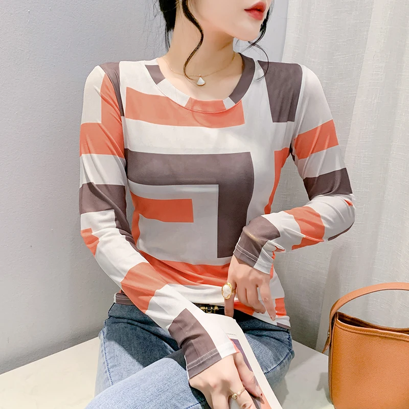 2024 New European Clothes Fall Winter T-Shirt Fashion Sexy O-Neck Print Geometric Gauze Women's Tops Long Sleeve Tees 49082