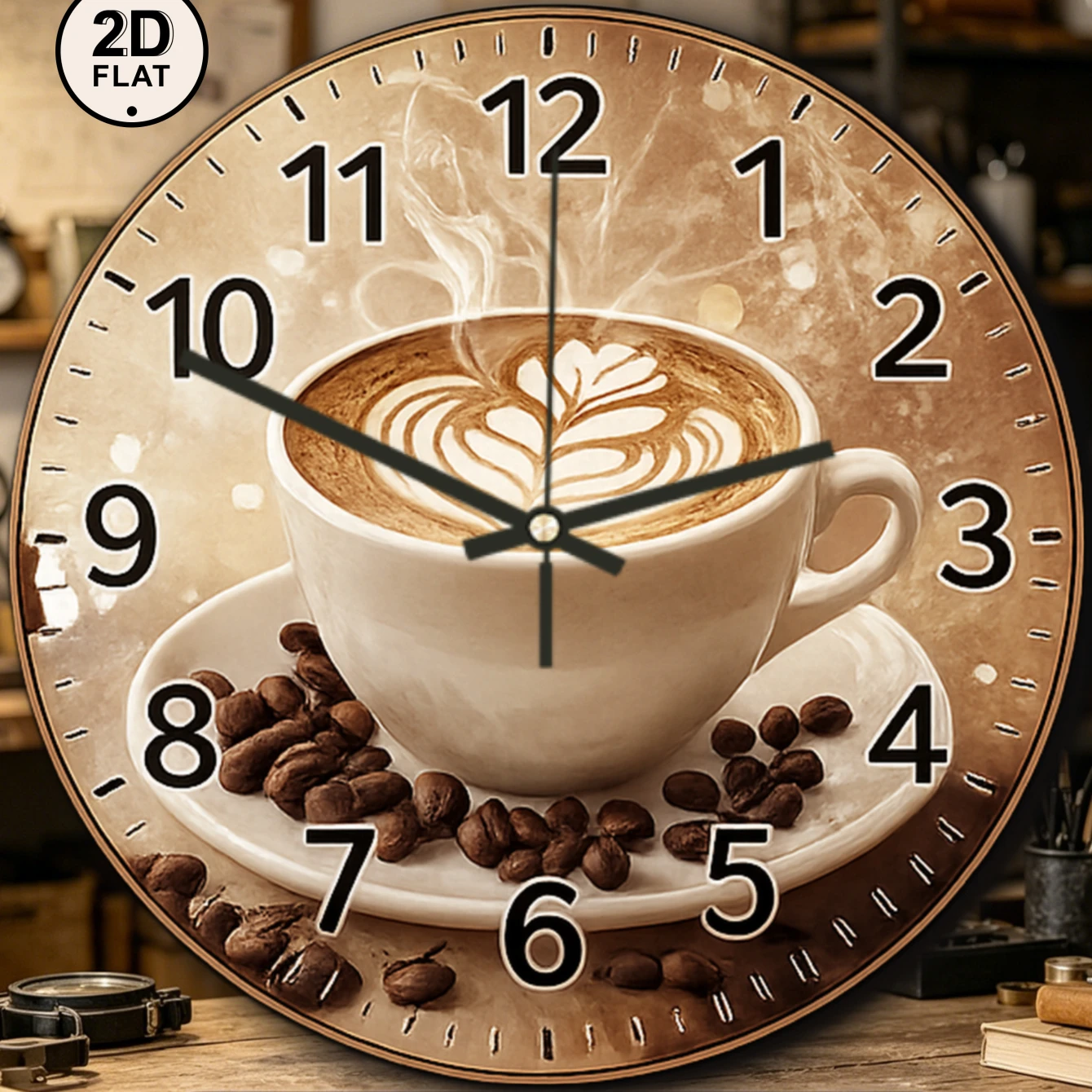 Retro-Kaffee-Wanduhr aus Acryl, rund, geräuschlos, zum Aufhängen, geeignet für Wohnzimmer, Büro, Arbeitszimmer, Schlafzimmer, Heimdekoration