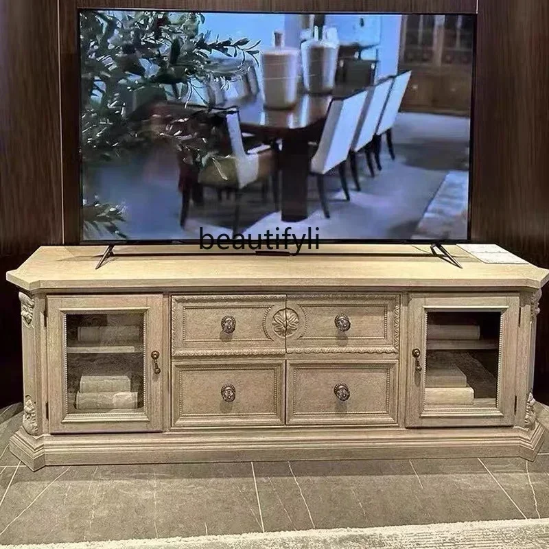 

New style TV cabinet American solid wood carved TV cabinet French living room retro old locker