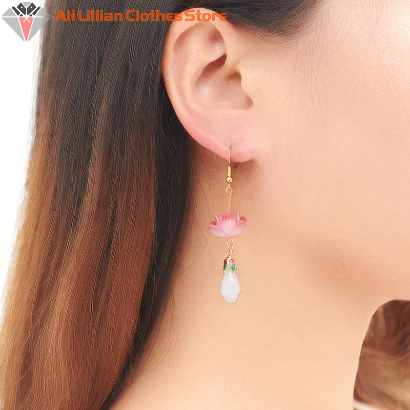 1Pair Unique Exquisite Lotus Earrings Elegant Pink Flower Asymmetric Drop Stud Earrings For Women VintageJewelry Accessories