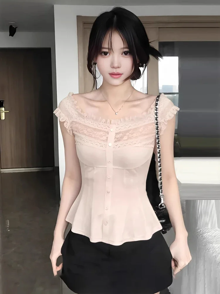 Summer Lace Patchwork Sweet T-shirt Y2k Aesthetic Single Breasted Slim Fit Tshirts Harajuku Women Grunge Sleeveless Fairy Tops
