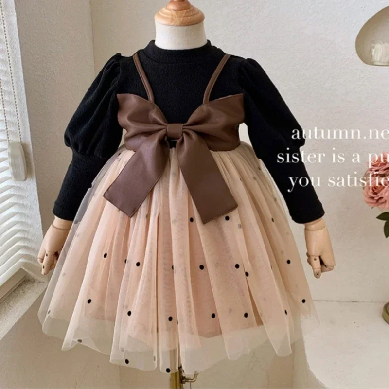 

2024 Autumn Dresses for Girl Baby Bow Patchwork Clothes 1-10 Years Birthday Party Ball Gown Kids Matching Girls Spring Outfits