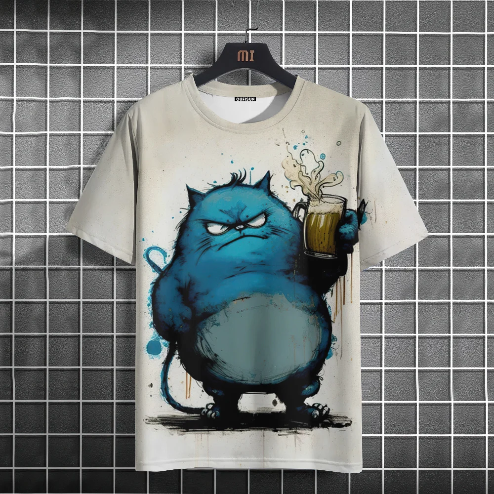 Funny Men's T-Shirt Animal Fat Cat Printed T-Shirts Casual Loose Short Sleeved Tee Oversized Men Clothing Tops Summer Streetwear image 3