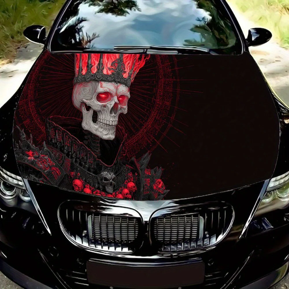 

Flame Crown Skull King Car Vinyl Wrap, PVC Waterproof Car Hood Sticker, Self-Adhesive Scratch-Resistant Stickers for Engine Cove