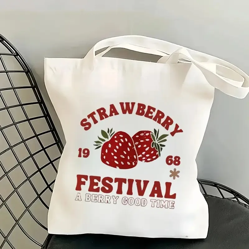 Cute Strawberry Pattern Print Canvas Tote Bag Reusable Grocery Shoulder Bag Handbag Shopping Gift Bag for Travel Canvas Tote