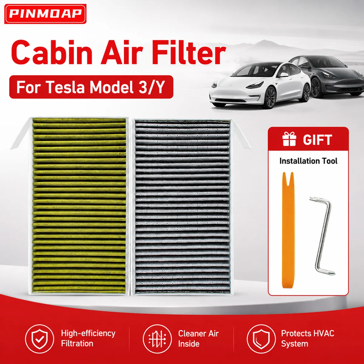 PINMOAP Activated Carbon Replacement Cabin Air Filter Dust Prevention Is Suitable For Tesla Model 3/Y With Installation Tool