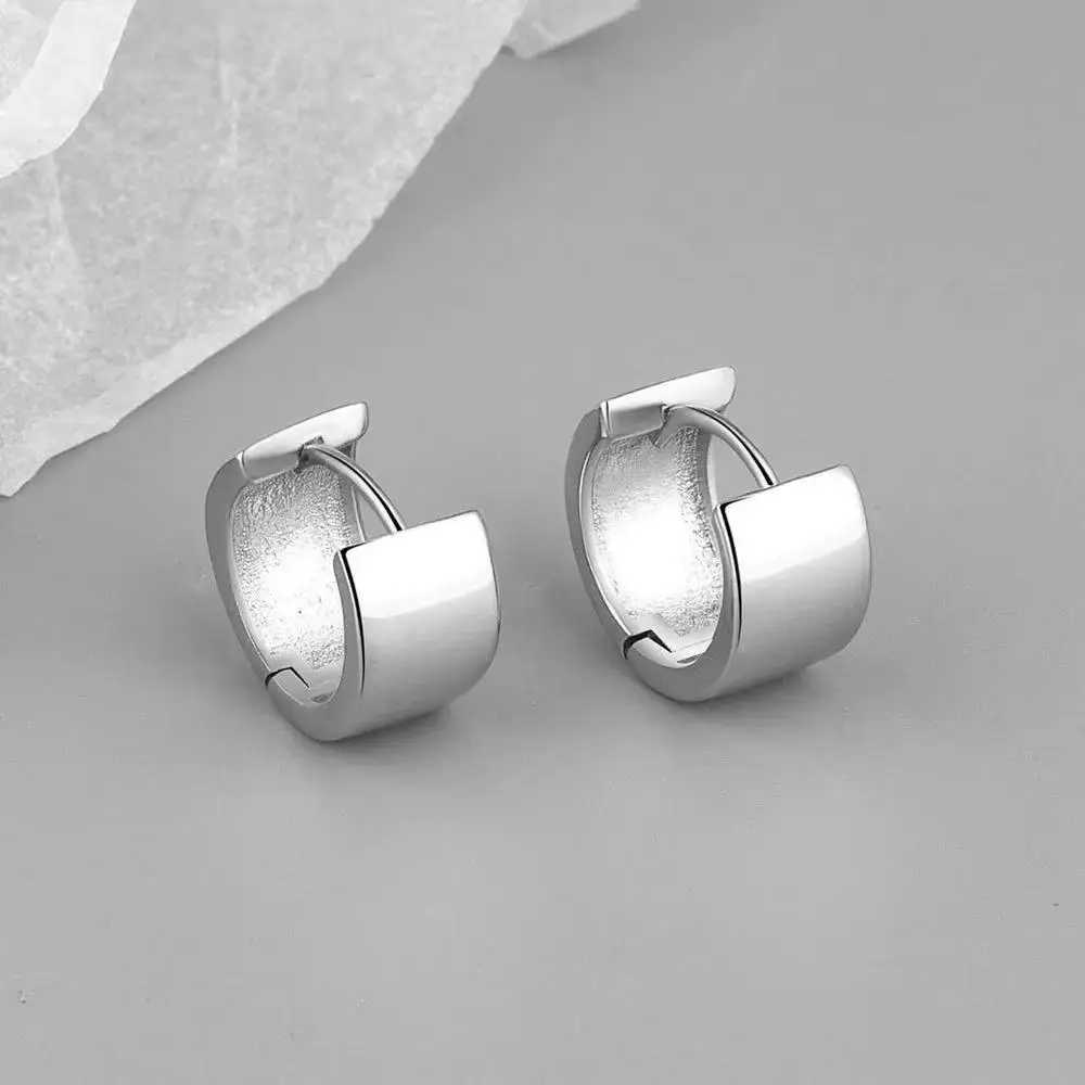 Real 925 Sterling Silver Ear Needle Silver Cold Wind Simple Hoop Earrings For Women CZ Geometric Smooth Earrings Fashion Jewelry