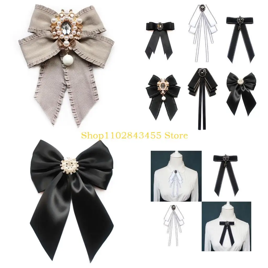 

49MC Women Vintage Elegant Pre-Tied Neck Tie Brooch Imitation Pearl Jewelry Collar Ribbon Bow Tie Corsage