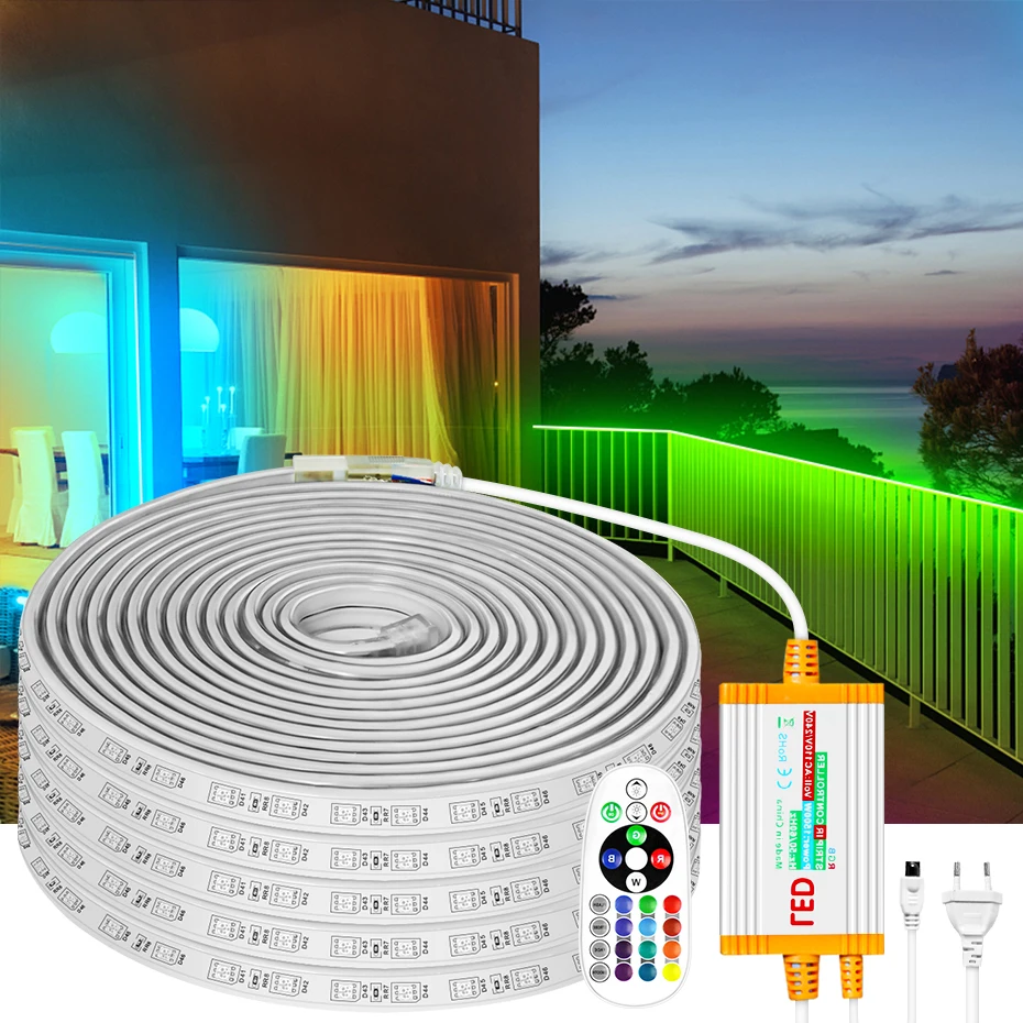 

AC 220V LED Lights Strip Dimmable SMD 5050 Led Tape Remote Control IP67 Waterproof RGB Ribbon For Outdoor Decoration Lighting