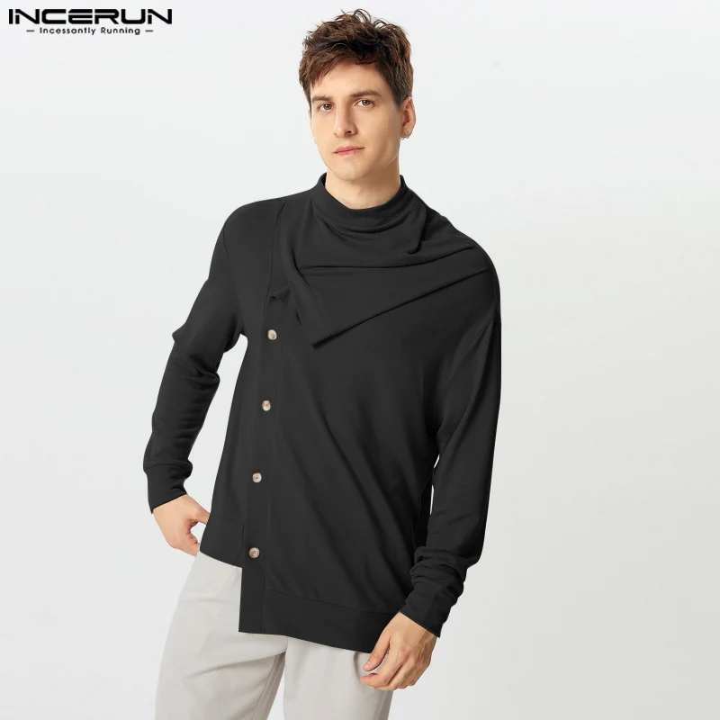 INCERUN Casual Long Sleeve Sweatshirts Men Solid Irregular Hem Tops Knit Button Fashion Pile Collar Inclined Door Flap Pullovers