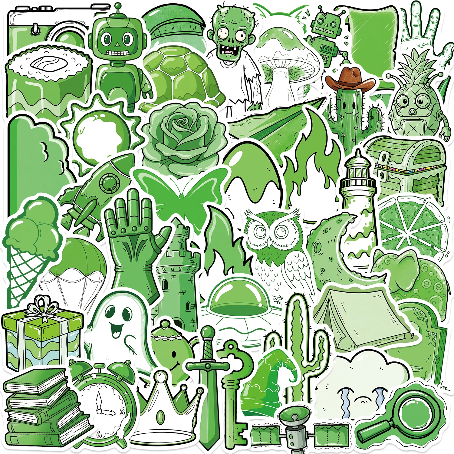 

50PCS Green Item Stickers for Colouring and Doodling Suitable for Notebooks, Mobile Phones, and Luggage Decorative Stickers
