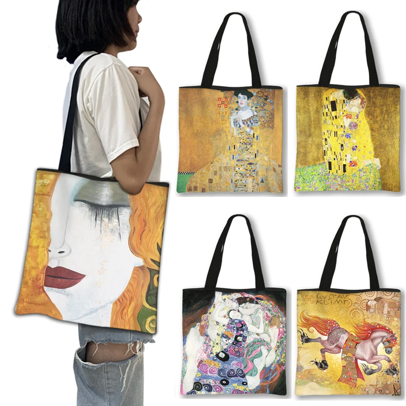 Oil Painting By Gustav Klimt Shopping Bag Women Handbag Kiss Tear La Virgen Shoulder Bags Casual Tote Large Capacity Shopper Bag