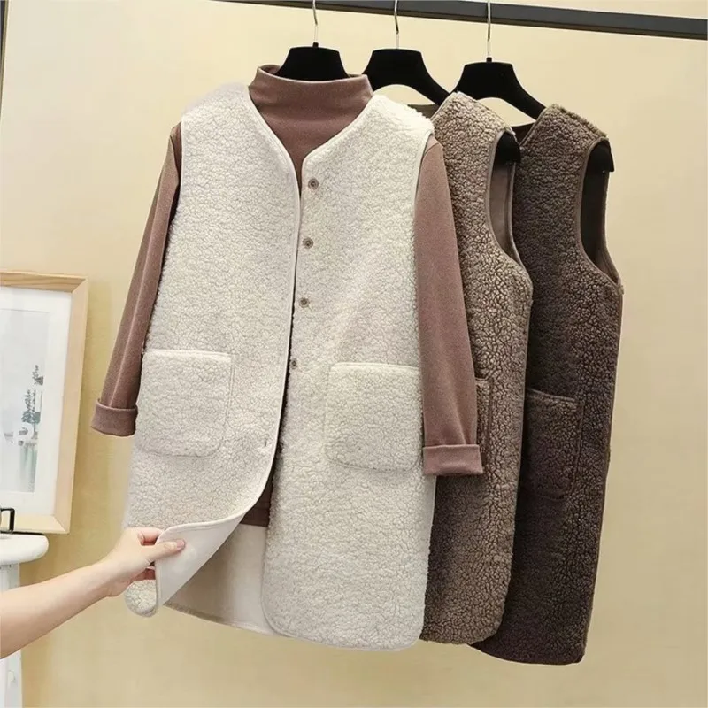 

Mid-length Faux Fleece Vest Women Wool Blend Coat Sleeveless Jacket Casual Outerwears Korean Style Waistcoat Loose Fall Clothes