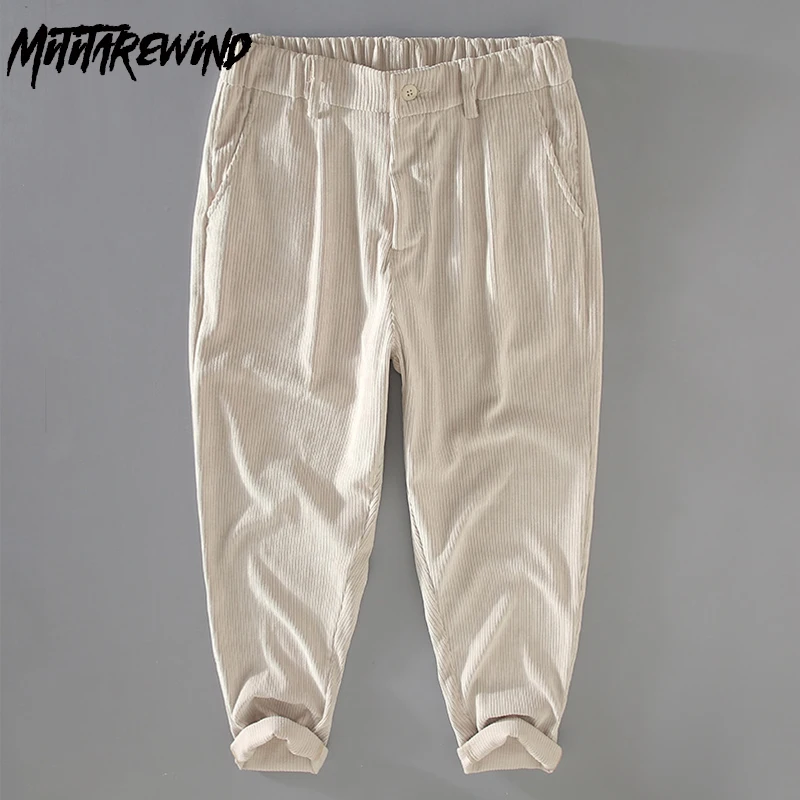 Autumn Mens Pants Daily Causal Pants Japanese Vintage Brushed Pants Corduroy Straight Baggy Beige White Pants Simple Trousers