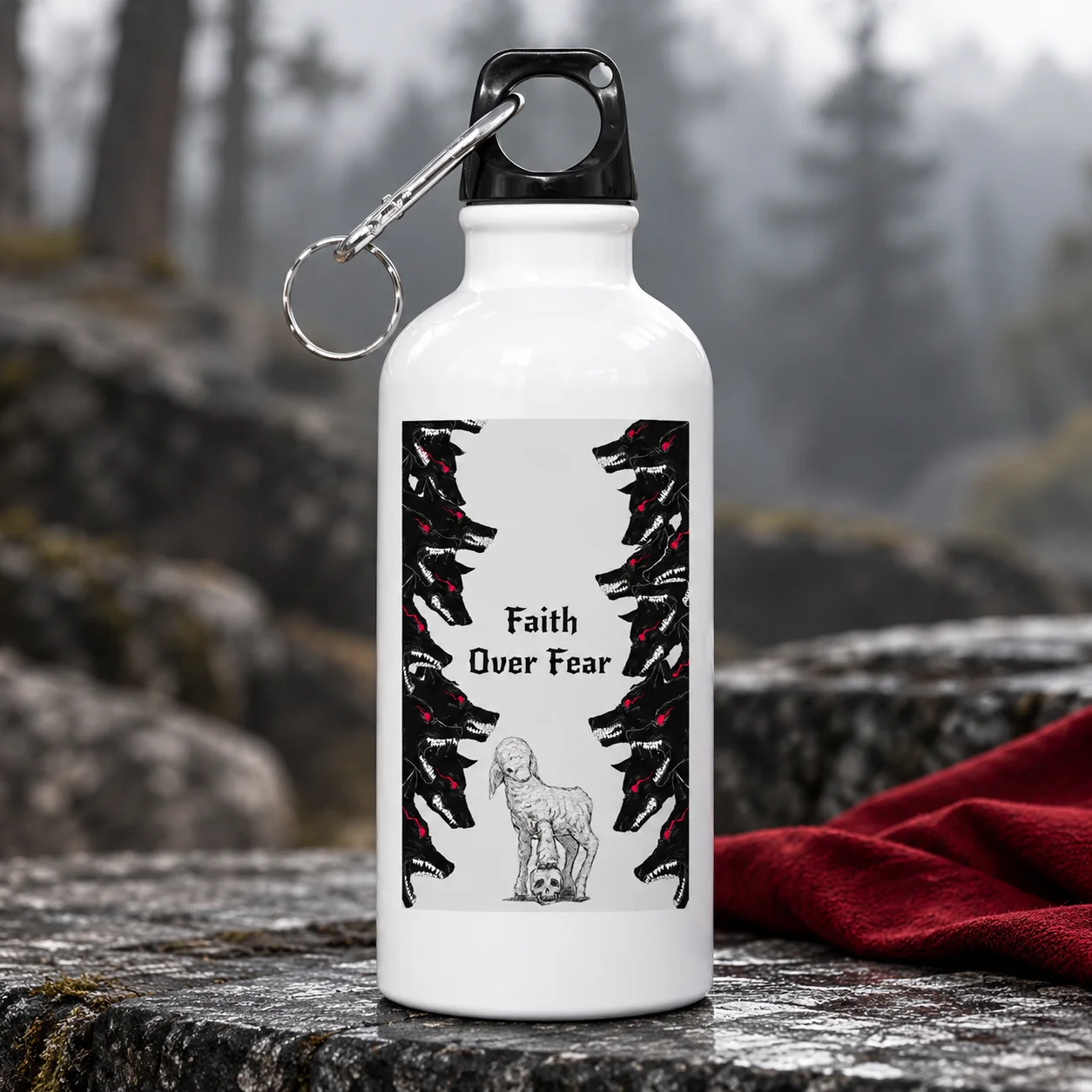 1pc Sublimation Water Bottle, Faith Over Fear Gothic Wolf Lamb Print Aluminum Sports Bottle, Inspirational Quote Outdoor