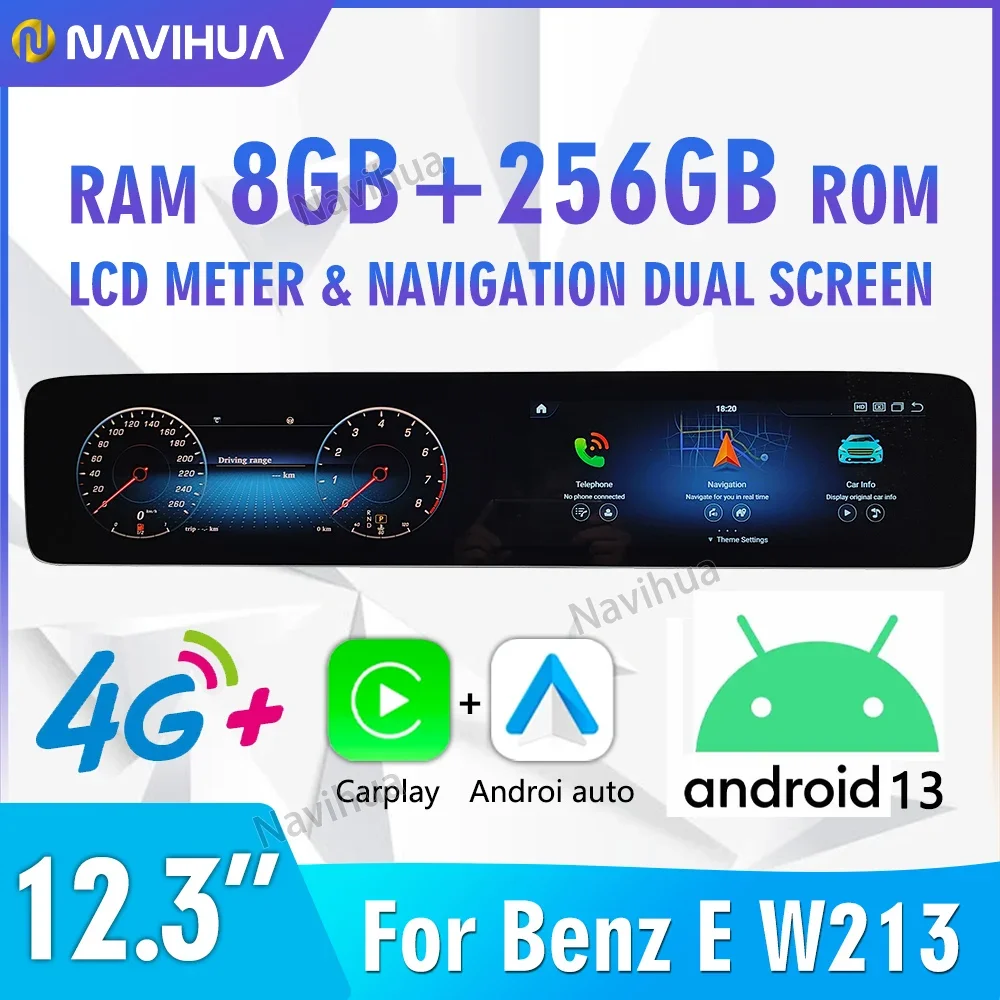 NaviHua New Design 12.3 inch Dual Screen Cluster Instrument Android 13 256GB Carplay Navigation Multimedia for Benz E Class W213