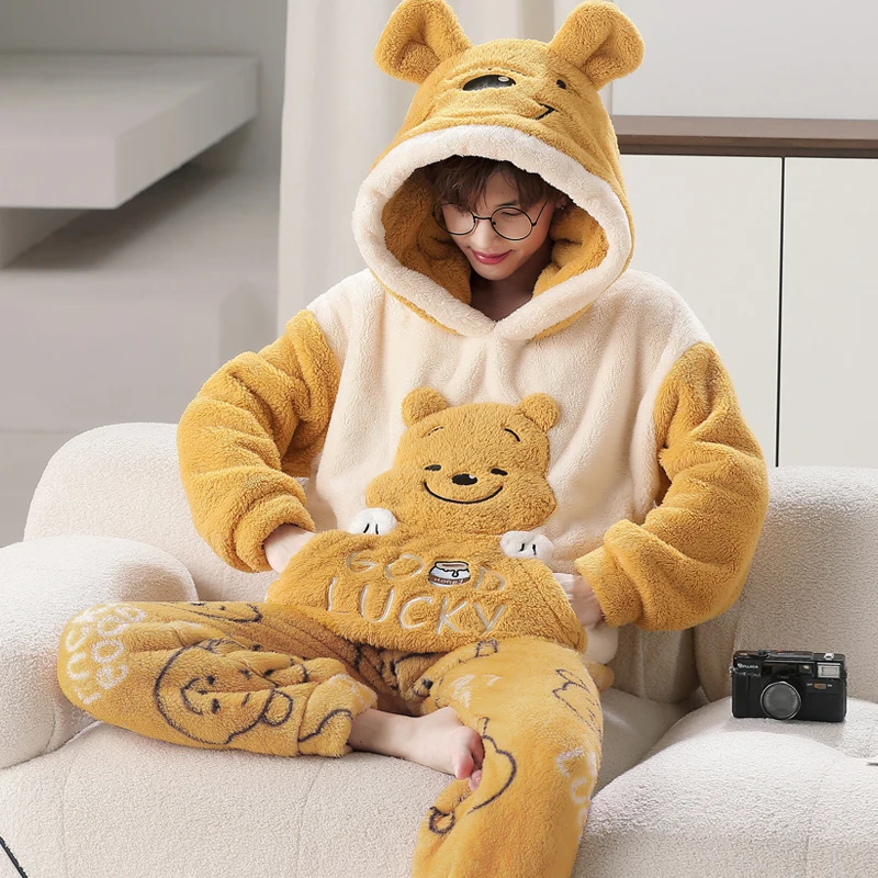 M-3XL Cute Animal Hooded Pajamas For Men\'s Winter Pajama Sets Nightwear Long Sleeve Thicken Warm Flannel Soft Sleepwear 커플잠옷 2PC