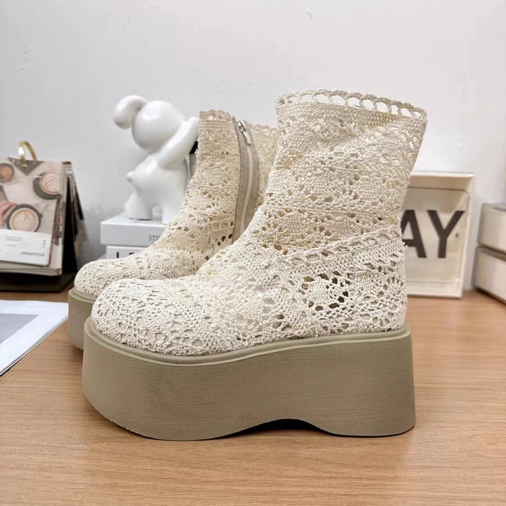 Summer Cool Women's Hollow Out Crochet Thicken Platform Ankle Boots High Wedge Heel Breathable Casual Combat Boots Bottine Shoes