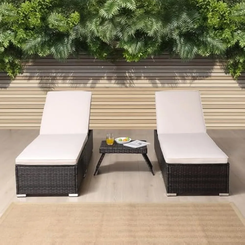 

Set of 2 Chairs and Table, Outdoor Patio Lawn Garden Lounge Chairs, PE Wicker, Outside Pool Lounger Wicker Bed + Coffee Table
