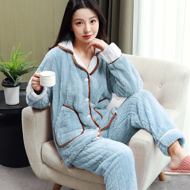 

Coral Fleece Pajamas Set For Women Winter Thick Warm Sleepwear Soft Flannel Lounge Wear Homewear Nightie Female Casual Nightwear