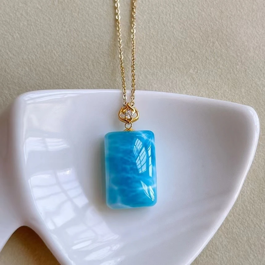 Natural Blue Larimar Rectangle Pendant Women Men Larimar 18*12mm 18K Gold Necklace Fashion Jewelry Gemstone AAAAAA